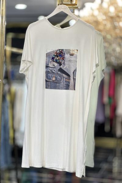 01-1177 Ön Kot Baskı Taş İşlemeli Yarım Kol Bluz Ekru