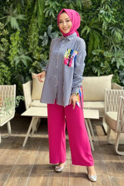 01-1200 Çizgili Cebi Renkli Taş İşlemeli Tunik Lacivert