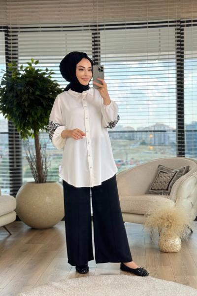 01-1238 Kolları Çiçek Nakışlı Tunik Ekru