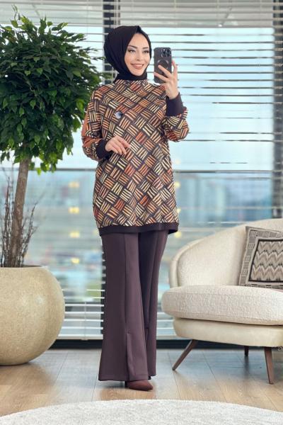 01-1239 Renkli Geometrik Desenli Tunik Bej Kahve