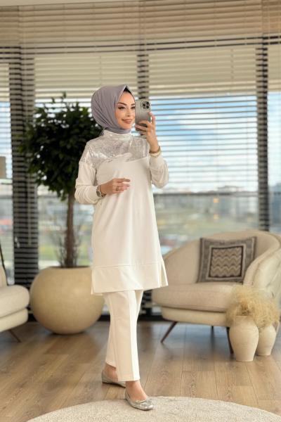 01-1241 Robası Pul Detaylı Tunik Ekru