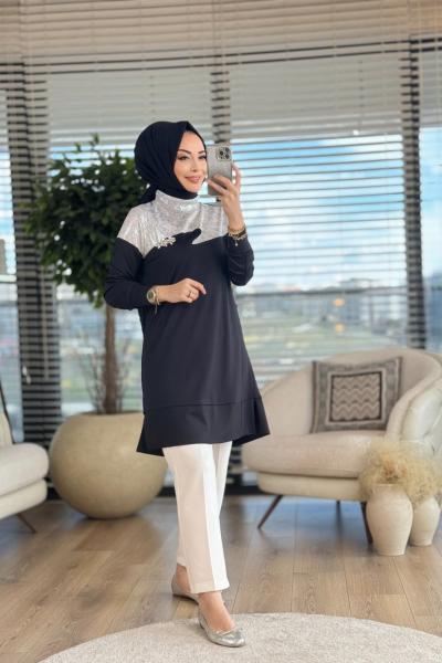01-1241 Robası Pul Detaylı Tunik Siyah