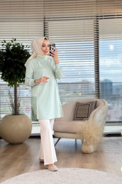 01-1243 Etek Ucu Dantel Püskül Detaylı Tunik Mint