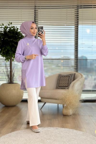 01-1243 Etek Ucu Dantel Püskül Detaylı Tunik Lila