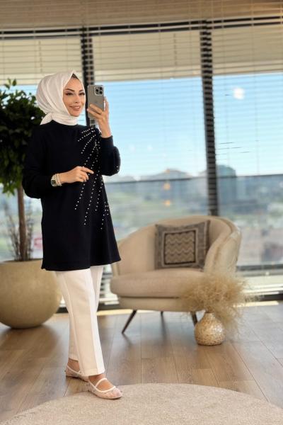 01-1249 Ön Ve Sağ Kol İnci İşli Tunik Siyah