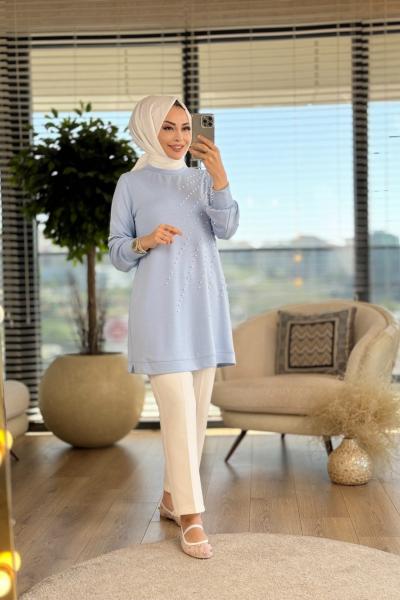 01-1249 Ön Ve Sağ Kol İnci İşli Tunik Mavi