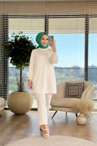 01-1249 Ön Ve Sağ Kol İnci İşli Tunik Ekru