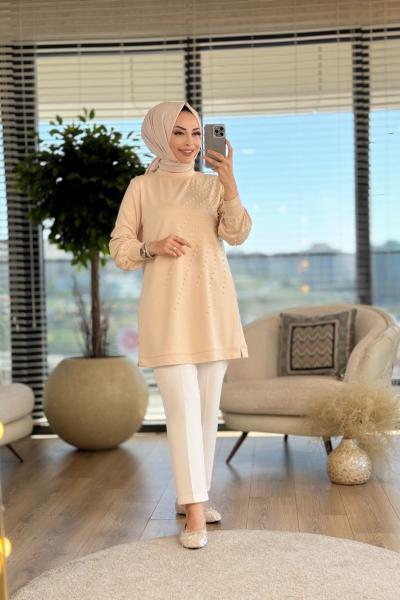 01-1249 Ön Ve Sağ Kol İnci İşli Tunik Bej