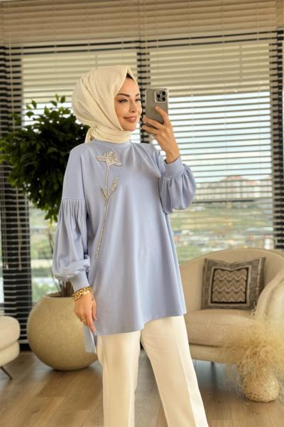 01-1254 Taş Lale Nakışlı Tunik Mavi