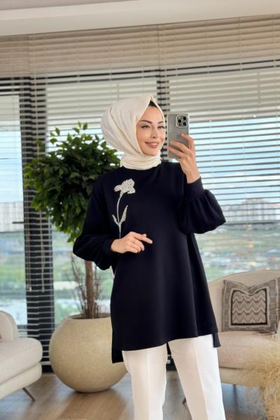 01-1254 Taş Lale Nakışlı Tunik Siyah