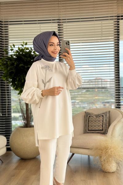 01-1254 Taş Lale Nakışlı Tunik Ekru