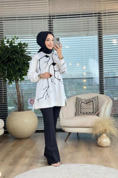 01-1257 Önü Dal Desenli Tunik Ekru Siyah