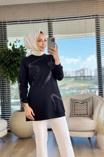 01-1263 Ön Parça Pul Detaylı Tunik Siyah
