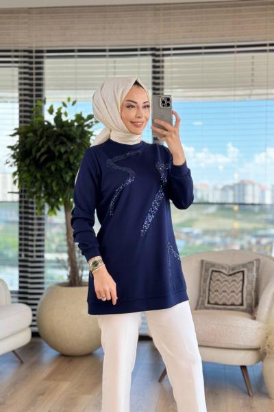 01-1263 Ön Parça Pul Detaylı Tunik Lacivert
