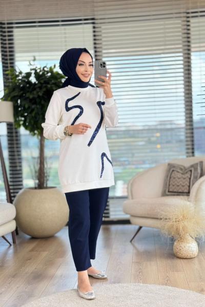 01-1263 Ön Parça Pul Detaylı Tunik Ekru Lacivert