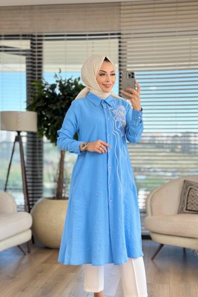 01-1269 Göğsü Dantel Çiçek Detay Tunik Mavi