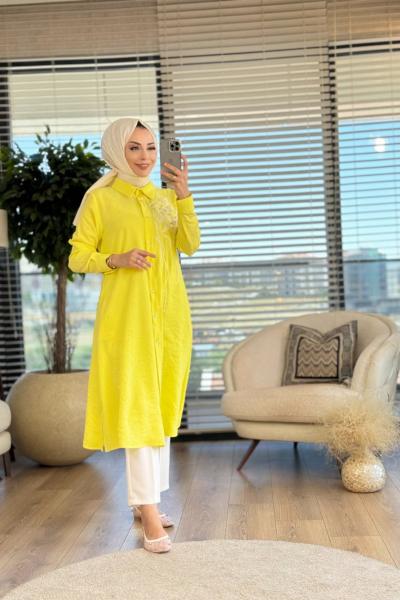 01-1269 Göğsü Dantel Çiçek Detay Tunik Sarı