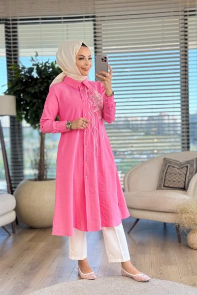 01-1269 Göğsü Dantel Çiçek Detay Tunik Pembe