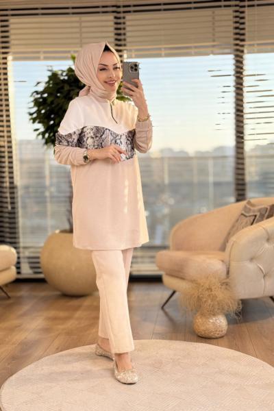 01-1297 Orta Ve Kolu Payet Detaylı Tunik Ekru Bej