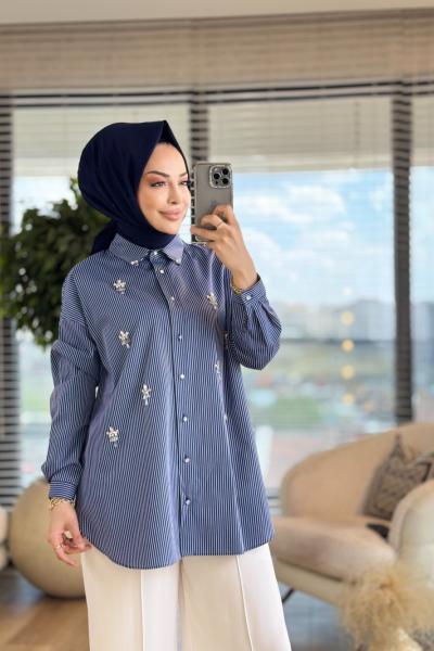 01-1312 Çizgili Üstü Taş İşlemeli Gömlek Lacivert