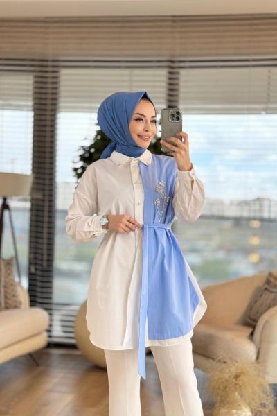 01-1314 Sağ Taraf Taş Çiçek İşlemeli Gömlek Ekru Mavi