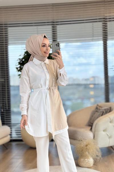 01-1314 Sağ Taraf Taş Çiçek İşlemeli Gömlek Ekru Bej