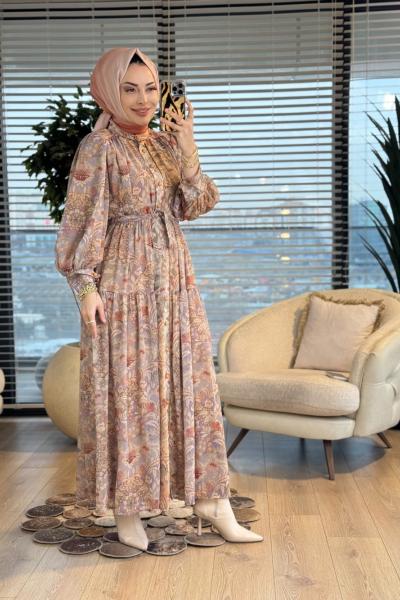 014 Şifon Üstü Karışık Çiçek Desen Elbise Hardal