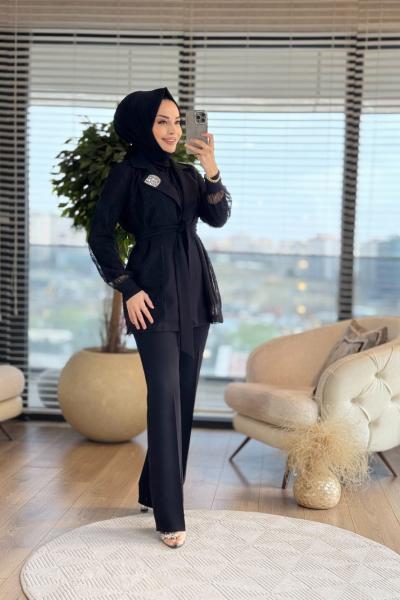 02-1775 Üst Dantel Ceket Pantolon Takım Siyah