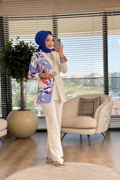 02-1776 Sol Taraf Desenli Ceket Pant.Takım Ekru İndigo