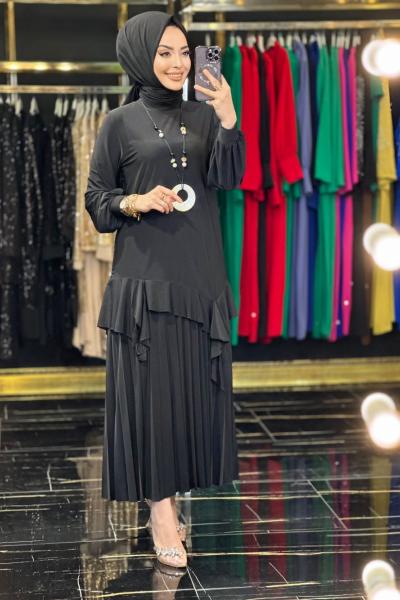 02-1832 Etek Ucu Fırfırlı Pilise Etek Takım Siyah