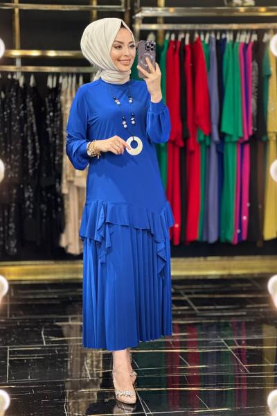 02-1832 Etek Ucu Fırfırlı Pilise Etek Takım Saks