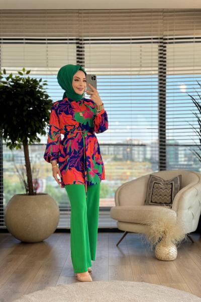 02-1858 Üst Desenli Alt Düz Pantolon Takım Oranj Benetton