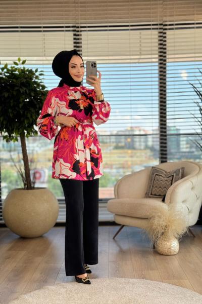 02-1858 Üst Desenli Alt Düz Pantolon Takım Fuşya Siyah