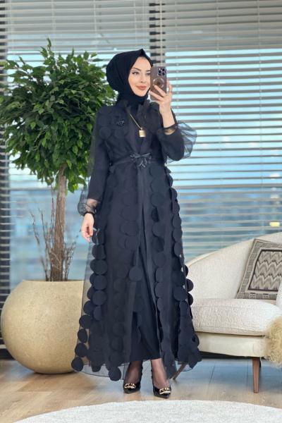 02-1871 Tül Üstü Oval Parça Detaylı 2li Takım Siyah