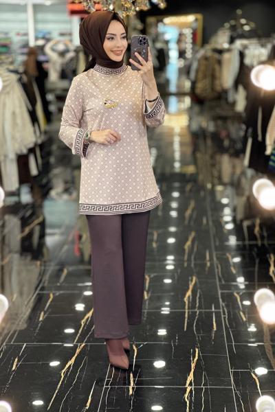 02-1886 Üst Hasır Desen Pantolon Takım Bej Kahve