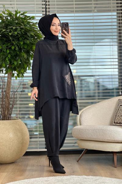 02-1899 Ön Yaprak Desen Boncuk İşli Takım Siyah