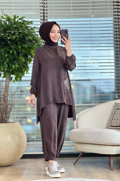 02-1899 Ön Yaprak Desen Boncuk İşli Takım Kahve