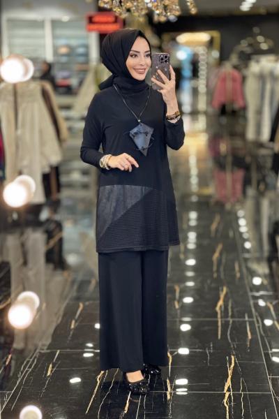 02-1903 Etek Ucu File Detaylı Pantolon Takım Siyah