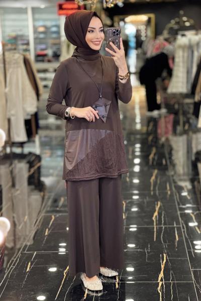 02-1903 Etek Ucu File Detaylı Pantolon Takım Kahve