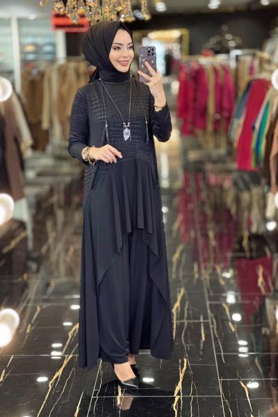 02-1917 Kendinden Desenli Önü Cepli Pantolon Takım Siyah