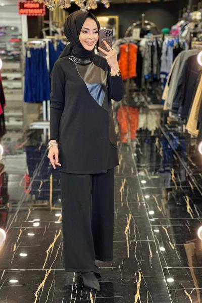 02-1920 Önü Deri Ve Kumaş Parçalı Takım Siyah