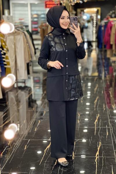 02-1929 Ön Deri Ve Dantel Parçalı Takım Siyah