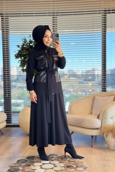 02-1939 Ön Deri Parçalı Fermuarlı Takım Siyah