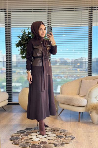 02-1939 Ön Deri Parçalı Fermuarlı Takım Kahve