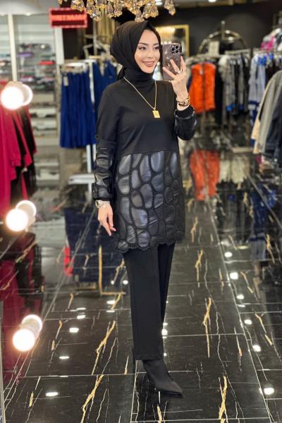 02-1948 Etek Ucu Ve Kolu Deri Yaprak Detay Takım Siyah