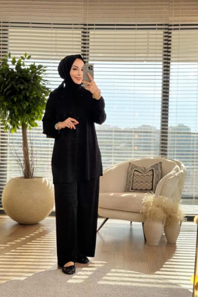 02-1955 Kendinden Desenli Üstü Taş Detaylı Takım Siyah