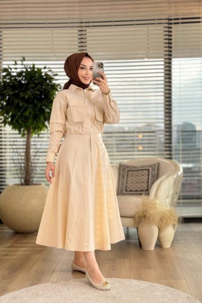 02-1964 Ön 2 Cepli Fermuarlı Etekli Takım Bej