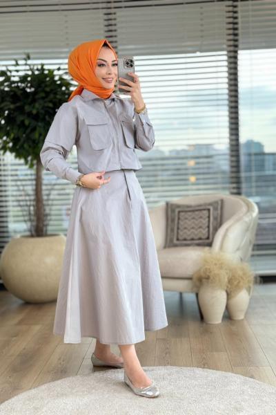 02-1964 Ön 2 Cepli Fermuarlı Etekli Takım Gri