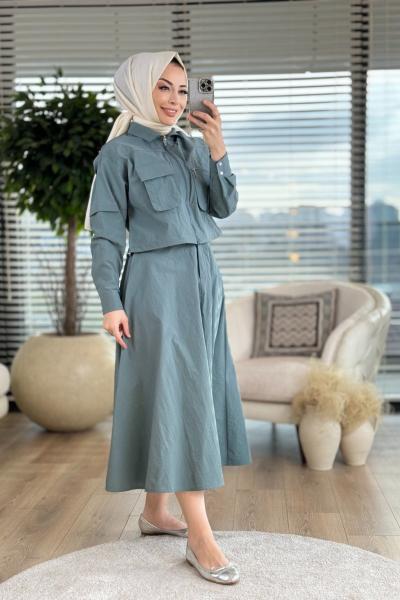 02-1964 Ön 2 Cepli Fermuarlı Etekli Takım Petrol