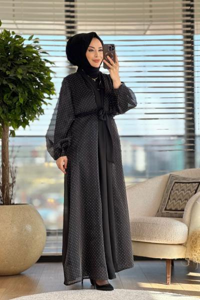 02-1966 Üst Serpme Taş Baskı 2li Takım Siyah